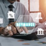 Blog post banner featuring a professional discussing refinancing options, with text reading 'Is Now the Right Time to Refinance?' and a modern design.